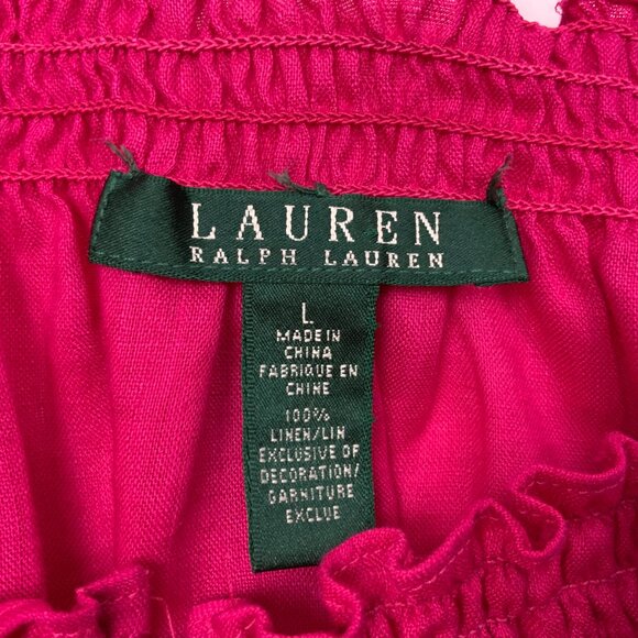 Lauren Ralph Lauren Fuschia Linen Peasant Embroidered Blouse Tie Waist Sz L - Picture 12 of 16